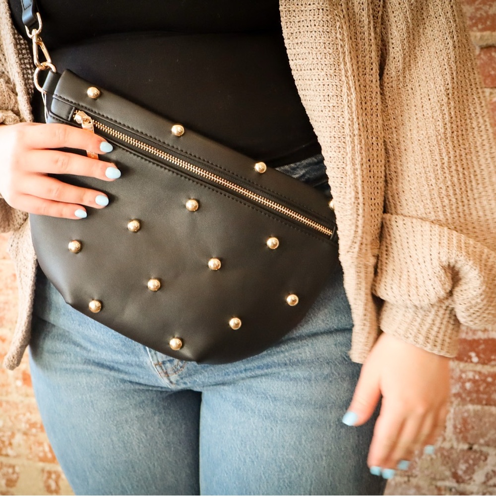 Black Studded Crossbody Belt Bag - Women's Faux Leather Fanny Pack